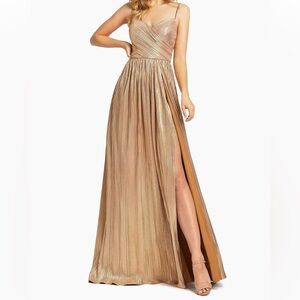 Mac Duggal Metallic Ruched A-Line Gown Gold